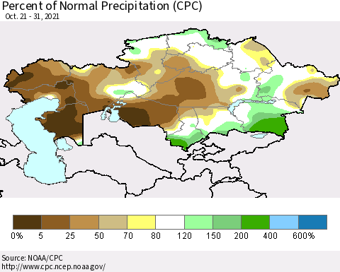 Kazakhstan Percent of Normal Precipitation (CPC) Thematic Map For 10/21/2021 - 10/31/2021
