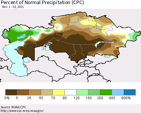 Kazakhstan Percent of Normal Precipitation (CPC) Thematic Map For 11/1/2021 - 11/10/2021