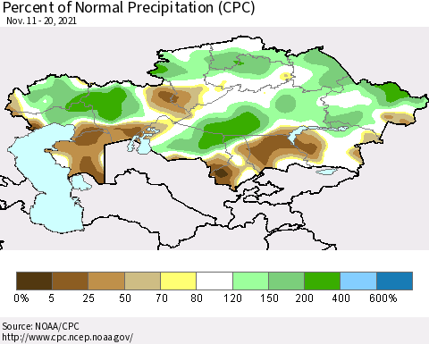 Kazakhstan Percent of Normal Precipitation (CPC) Thematic Map For 11/11/2021 - 11/20/2021