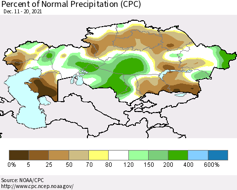 Kazakhstan Percent of Normal Precipitation (CPC) Thematic Map For 12/11/2021 - 12/20/2021