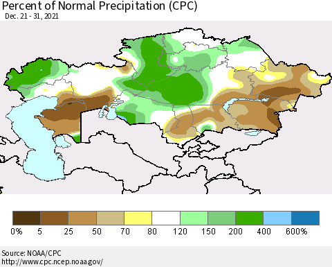 Kazakhstan Percent of Normal Precipitation (CPC) Thematic Map For 12/21/2021 - 12/31/2021