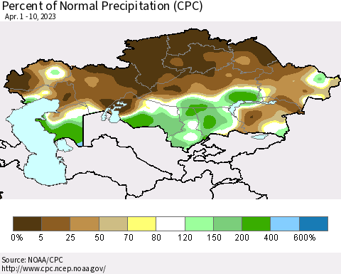 Kazakhstan Percent of Normal Precipitation (CPC) Thematic Map For 4/1/2023 - 4/10/2023
