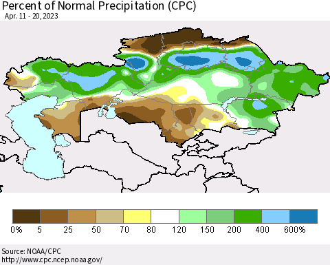 Kazakhstan Percent of Normal Precipitation (CPC) Thematic Map For 4/11/2023 - 4/20/2023