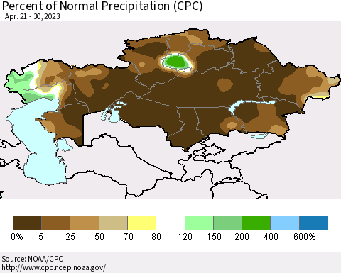 Kazakhstan Percent of Normal Precipitation (CPC) Thematic Map For 4/21/2023 - 4/30/2023
