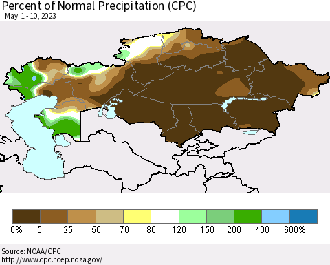 Kazakhstan Percent of Normal Precipitation (CPC) Thematic Map For 5/1/2023 - 5/10/2023
