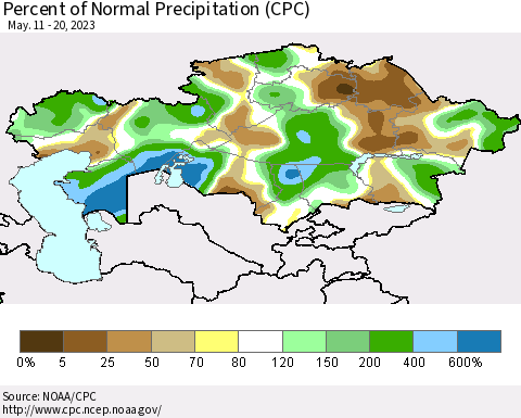 Kazakhstan Percent of Normal Precipitation (CPC) Thematic Map For 5/11/2023 - 5/20/2023