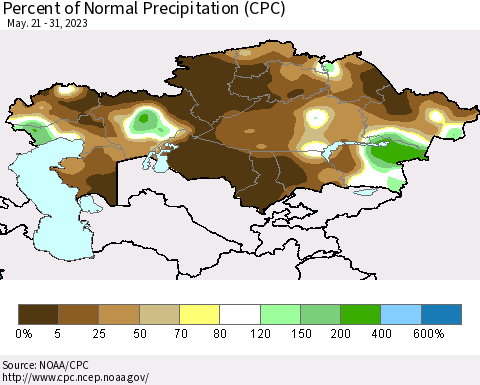 Kazakhstan Percent of Normal Precipitation (CPC) Thematic Map For 5/21/2023 - 5/31/2023