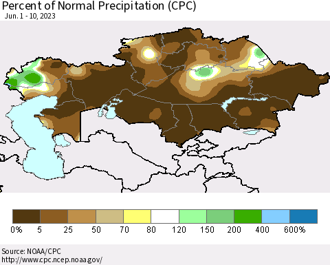 Kazakhstan Percent of Normal Precipitation (CPC) Thematic Map For 6/1/2023 - 6/10/2023