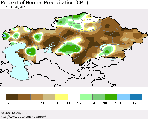 Kazakhstan Percent of Normal Precipitation (CPC) Thematic Map For 6/11/2023 - 6/20/2023