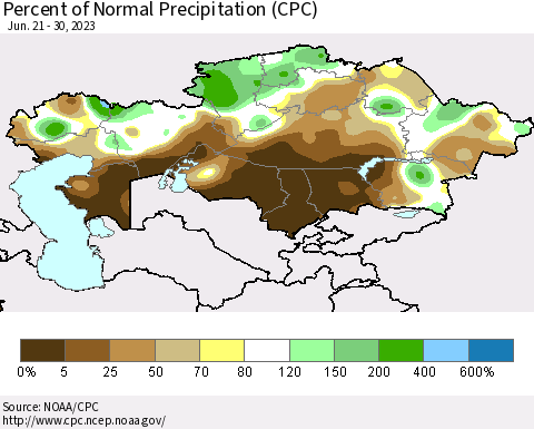 Kazakhstan Percent of Normal Precipitation (CPC) Thematic Map For 6/21/2023 - 6/30/2023