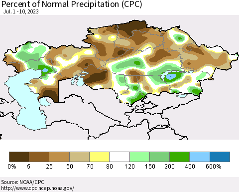 Kazakhstan Percent of Normal Precipitation (CPC) Thematic Map For 7/1/2023 - 7/10/2023