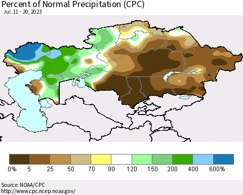 Kazakhstan Percent of Normal Precipitation (CPC) Thematic Map For 7/11/2023 - 7/20/2023