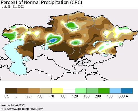 Kazakhstan Percent of Normal Precipitation (CPC) Thematic Map For 7/21/2023 - 7/31/2023
