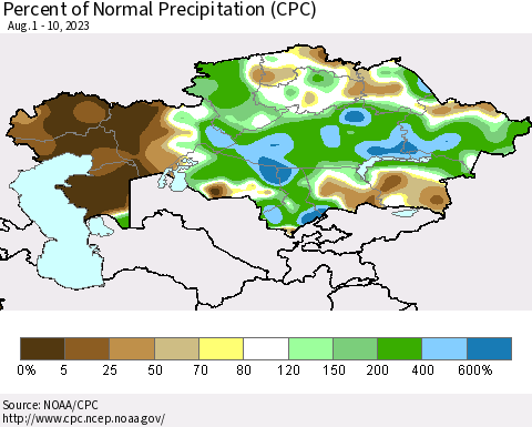 Kazakhstan Percent of Normal Precipitation (CPC) Thematic Map For 8/1/2023 - 8/10/2023