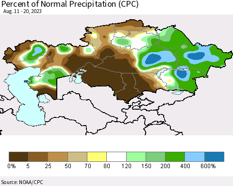 Kazakhstan Percent of Normal Precipitation (CPC) Thematic Map For 8/11/2023 - 8/20/2023