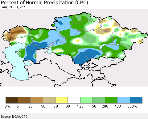 Kazakhstan Percent of Normal Precipitation (CPC) Thematic Map For 8/21/2023 - 8/31/2023