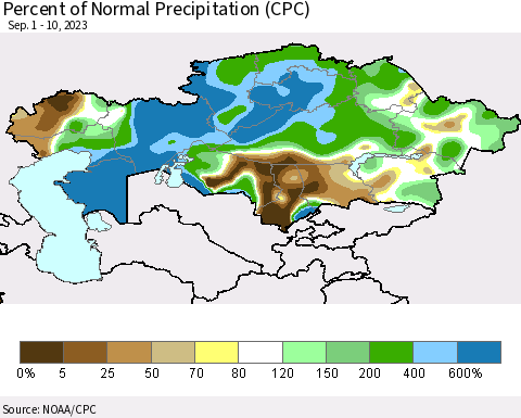 Kazakhstan Percent of Normal Precipitation (CPC) Thematic Map For 9/1/2023 - 9/10/2023