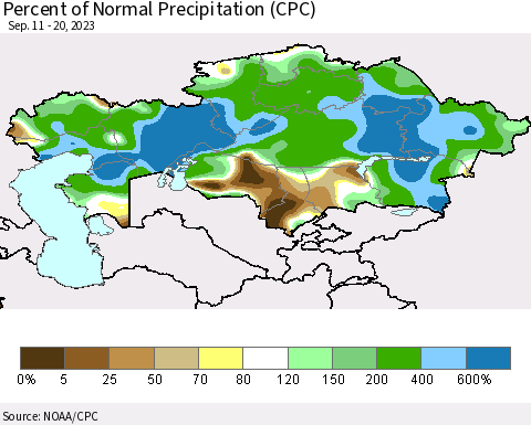 Kazakhstan Percent of Normal Precipitation (CPC) Thematic Map For 9/11/2023 - 9/20/2023