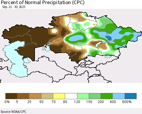 Kazakhstan Percent of Normal Precipitation (CPC) Thematic Map For 9/21/2023 - 9/30/2023