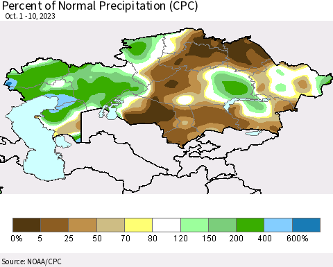 Kazakhstan Percent of Normal Precipitation (CPC) Thematic Map For 10/1/2023 - 10/10/2023