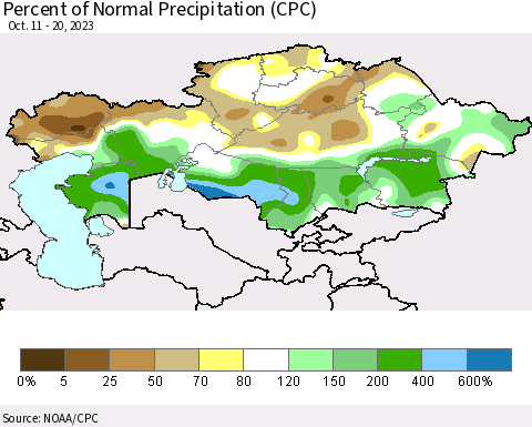 Kazakhstan Percent of Normal Precipitation (CPC) Thematic Map For 10/11/2023 - 10/20/2023