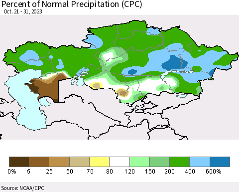 Kazakhstan Percent of Normal Precipitation (CPC) Thematic Map For 10/21/2023 - 10/31/2023