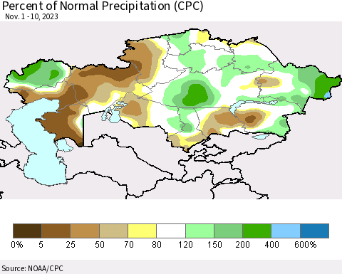 Kazakhstan Percent of Normal Precipitation (CPC) Thematic Map For 11/1/2023 - 11/10/2023