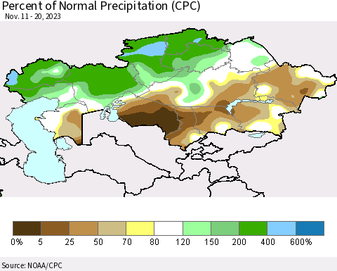 Kazakhstan Percent of Normal Precipitation (CPC) Thematic Map For 11/11/2023 - 11/20/2023