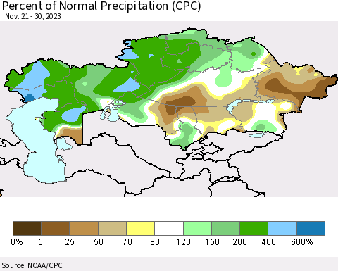 Kazakhstan Percent of Normal Precipitation (CPC) Thematic Map For 11/21/2023 - 11/30/2023