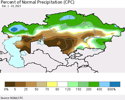 Kazakhstan Percent of Normal Precipitation (CPC) Thematic Map For 12/1/2023 - 12/10/2023