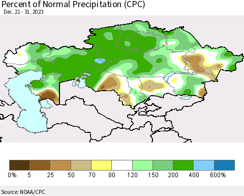 Kazakhstan Percent of Normal Precipitation (CPC) Thematic Map For 12/21/2023 - 12/31/2023