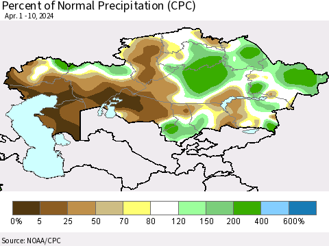Kazakhstan Percent of Normal Precipitation (CPC) Thematic Map For 4/1/2024 - 4/10/2024