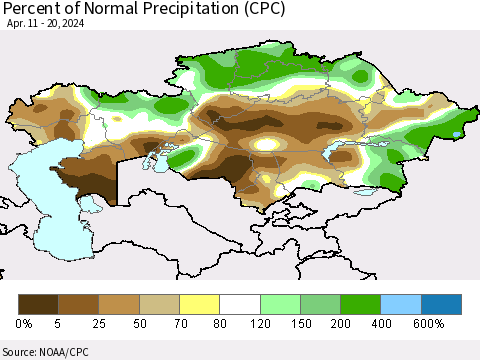 Kazakhstan Percent of Normal Precipitation (CPC) Thematic Map For 4/11/2024 - 4/20/2024