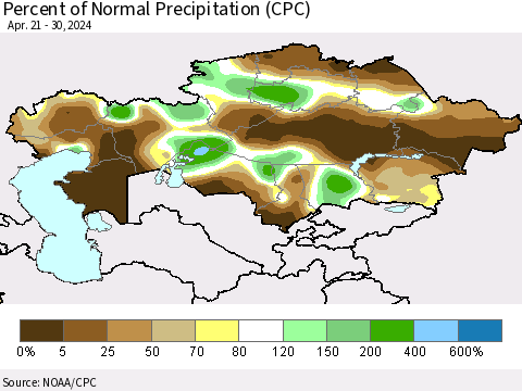 Kazakhstan Percent of Normal Precipitation (CPC) Thematic Map For 4/21/2024 - 4/30/2024