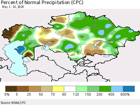 Kazakhstan Percent of Normal Precipitation (CPC) Thematic Map For 5/1/2024 - 5/10/2024