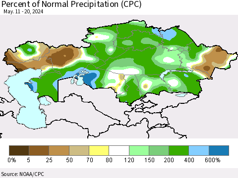 Kazakhstan Percent of Normal Precipitation (CPC) Thematic Map For 5/11/2024 - 5/20/2024