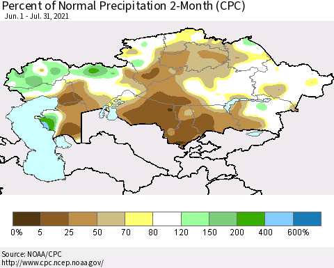 Kazakhstan Percent of Normal Precipitation 2-Month (CPC) Thematic Map For 6/1/2021 - 7/31/2021