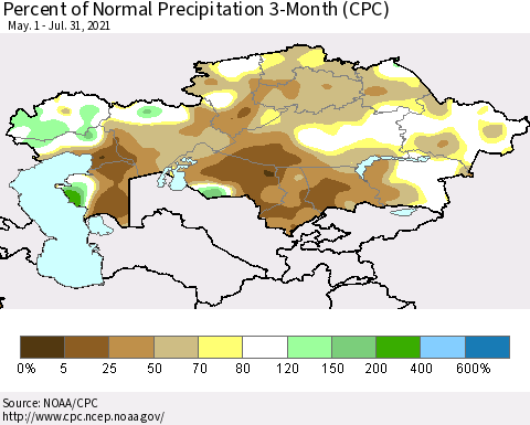 Kazakhstan Percent of Normal Precipitation 3-Month (CPC) Thematic Map For 5/1/2021 - 7/31/2021