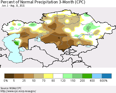Kazakhstan Percent of Normal Precipitation 3-Month (CPC) Thematic Map For 6/1/2021 - 8/31/2021