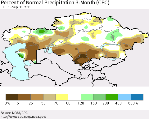 Kazakhstan Percent of Normal Precipitation 3-Month (CPC) Thematic Map For 7/1/2021 - 9/30/2021