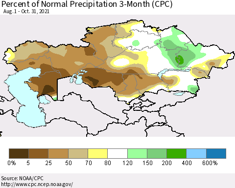 Kazakhstan Percent of Normal Precipitation 3-Month (CPC) Thematic Map For 8/1/2021 - 10/31/2021