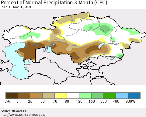 Kazakhstan Percent of Normal Precipitation 3-Month (CPC) Thematic Map For 9/1/2021 - 11/30/2021