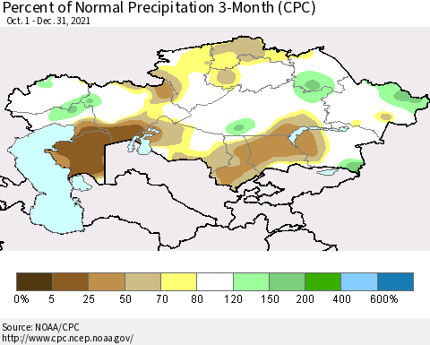 Kazakhstan Percent of Normal Precipitation 3-Month (CPC) Thematic Map For 10/1/2021 - 12/31/2021