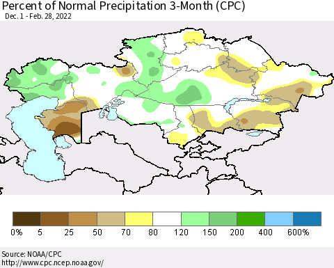 Kazakhstan Percent of Normal Precipitation 3-Month (CPC) Thematic Map For 12/1/2021 - 2/28/2022