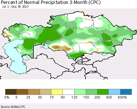 Kazakhstan Percent of Normal Precipitation 3-Month (CPC) Thematic Map For 7/1/2023 - 9/30/2023