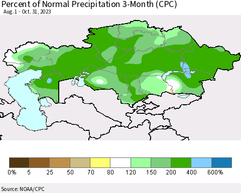 Kazakhstan Percent of Normal Precipitation 3-Month (CPC) Thematic Map For 8/1/2023 - 10/31/2023