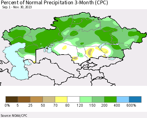 Kazakhstan Percent of Normal Precipitation 3-Month (CPC) Thematic Map For 9/1/2023 - 11/30/2023