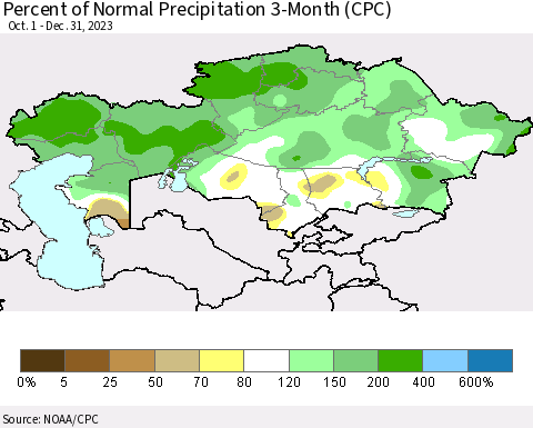 Kazakhstan Percent of Normal Precipitation 3-Month (CPC) Thematic Map For 10/1/2023 - 12/31/2023