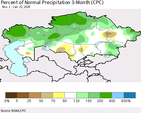 Kazakhstan Percent of Normal Precipitation 3-Month (CPC) Thematic Map For 11/1/2023 - 1/31/2024