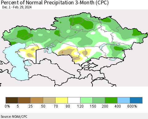 Kazakhstan Percent of Normal Precipitation 3-Month (CPC) Thematic Map For 12/1/2023 - 2/29/2024